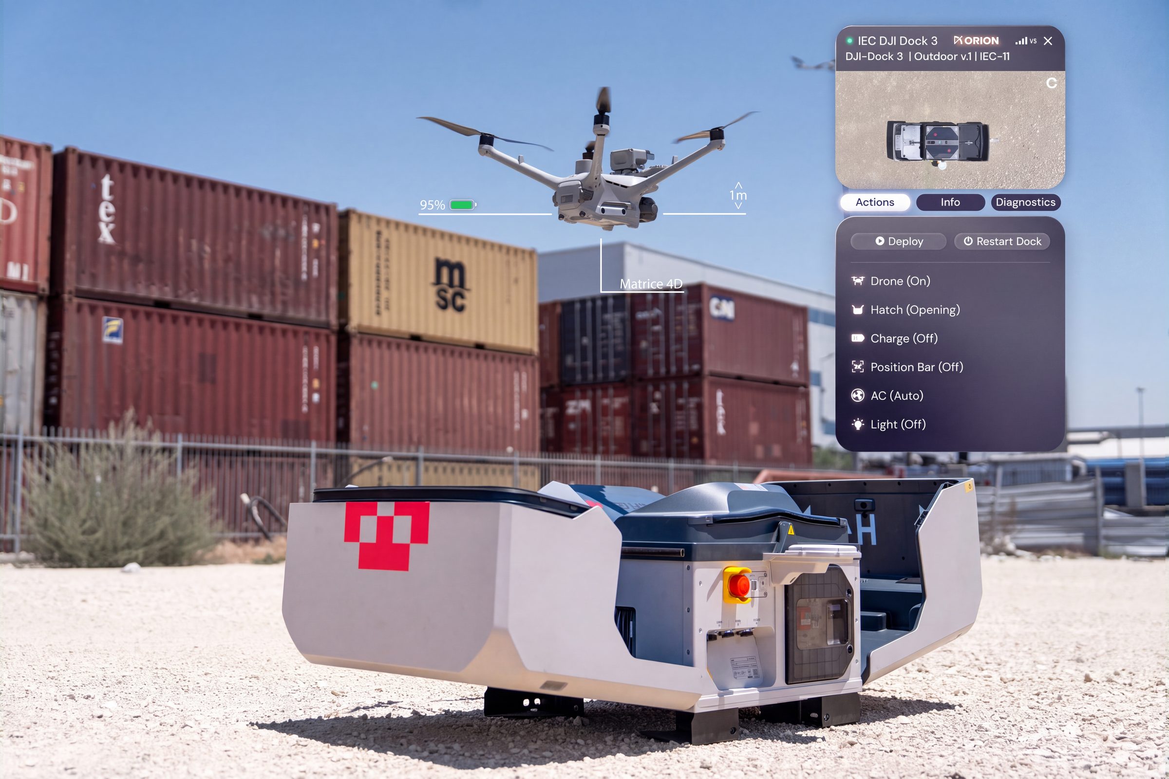 A drone lifting off from a High Lander docking station between shipping containers